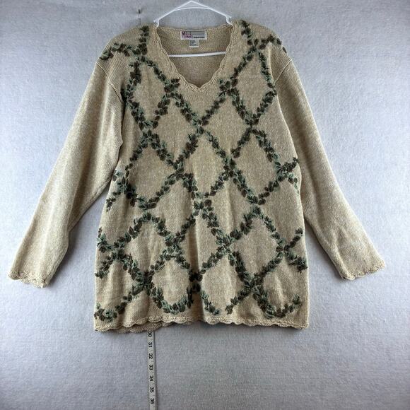 Vintage Milano Design Group Knit Embroidered Floral Vines Diamond Sweater Medium - Picture 1 of 11